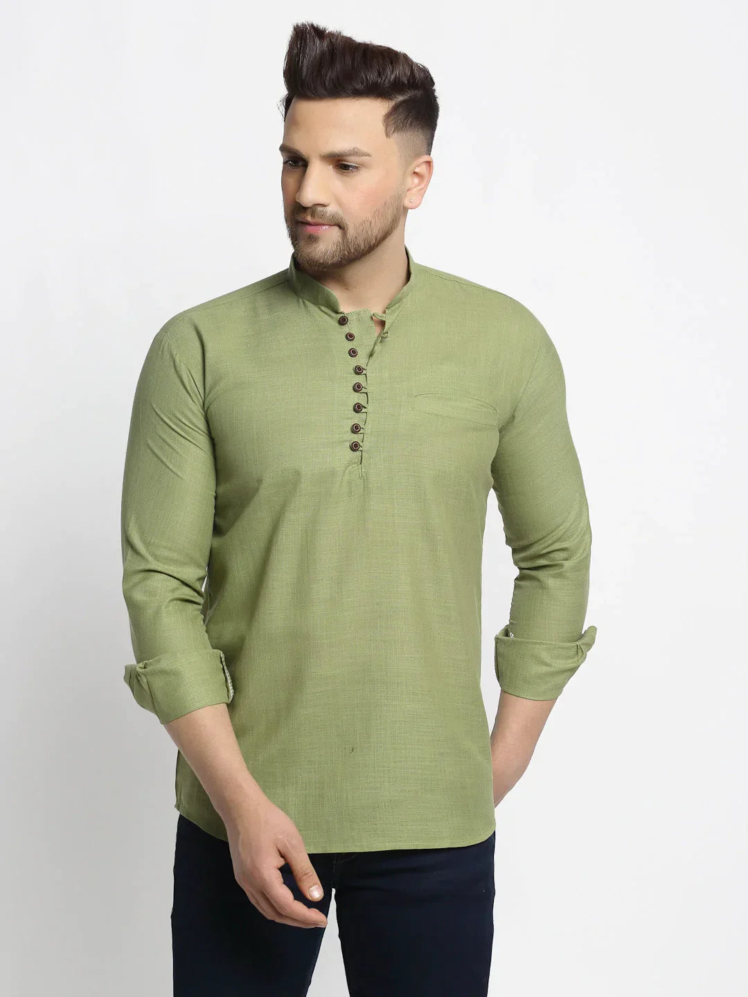 Jompers Men's Olive Green Solid Cotton Short Kurta | Grocsy