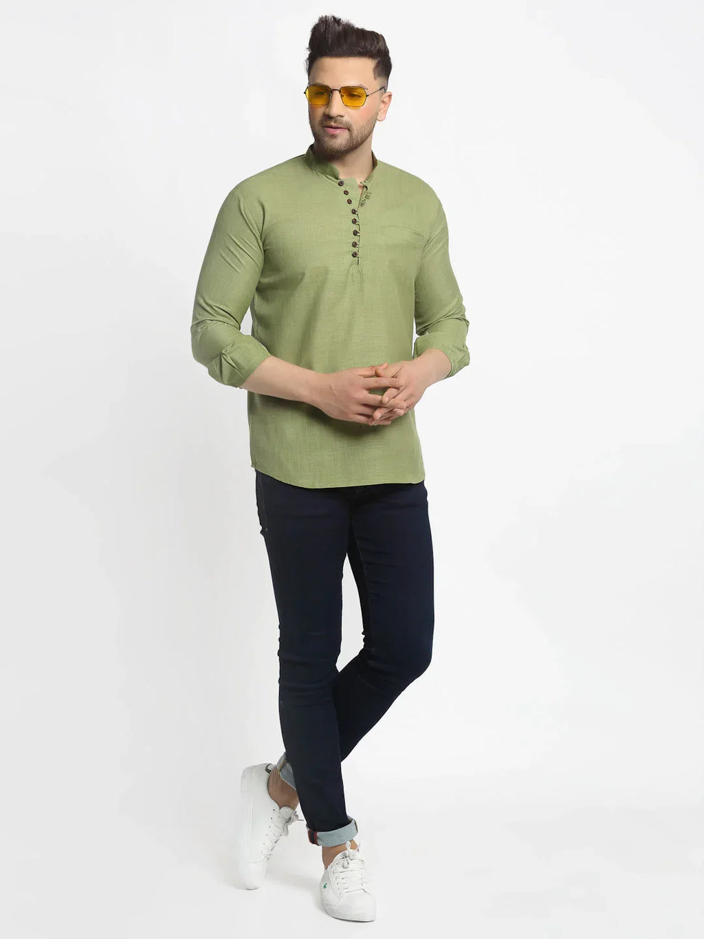 Jompers Men's Olive Green Solid Cotton Short Kurta | Grocsy