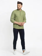 Jompers Men's Olive Green Solid Cotton Short Kurta | Grocsy