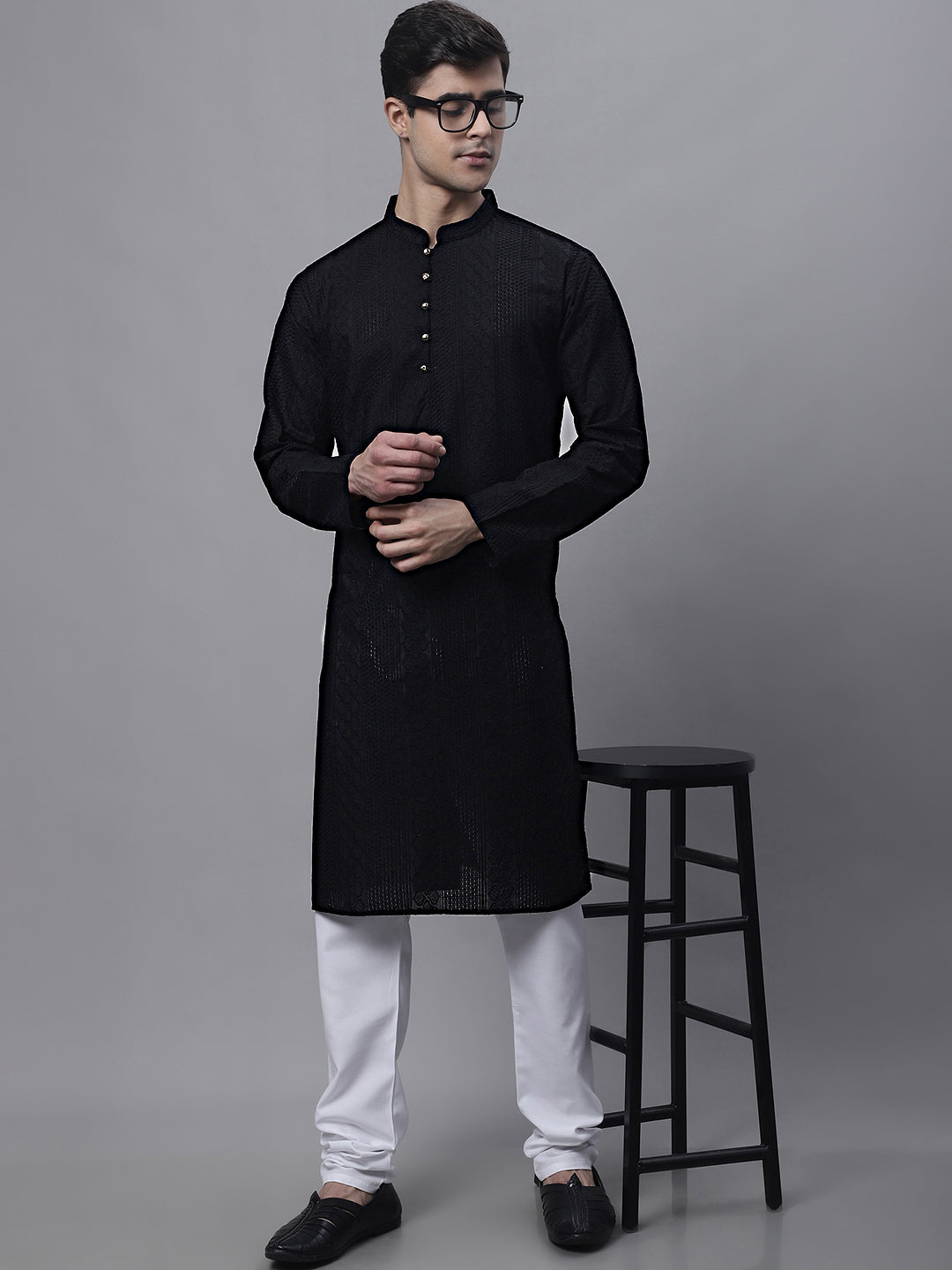 Jompers Men's Black Embroiderd Kurta | Grocsy