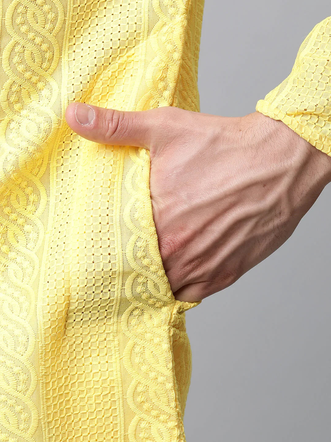 Jompers Men's Embroiderd Kurta - Lemon | Grocsy