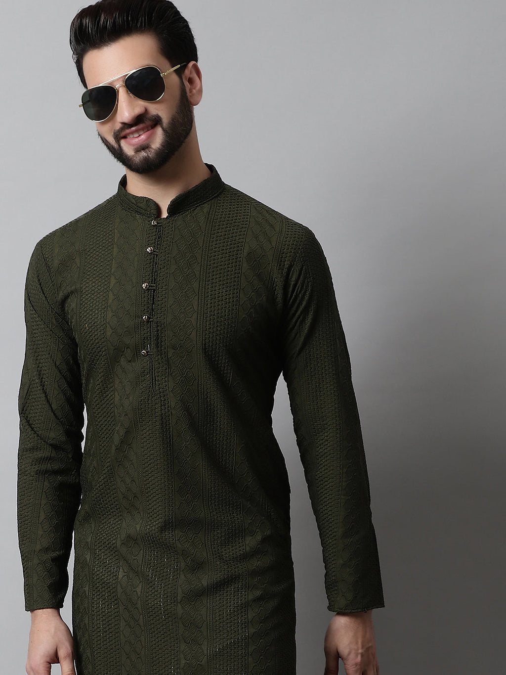 Jompers Men's Embroiderd Kurta - Olive | Grocsy