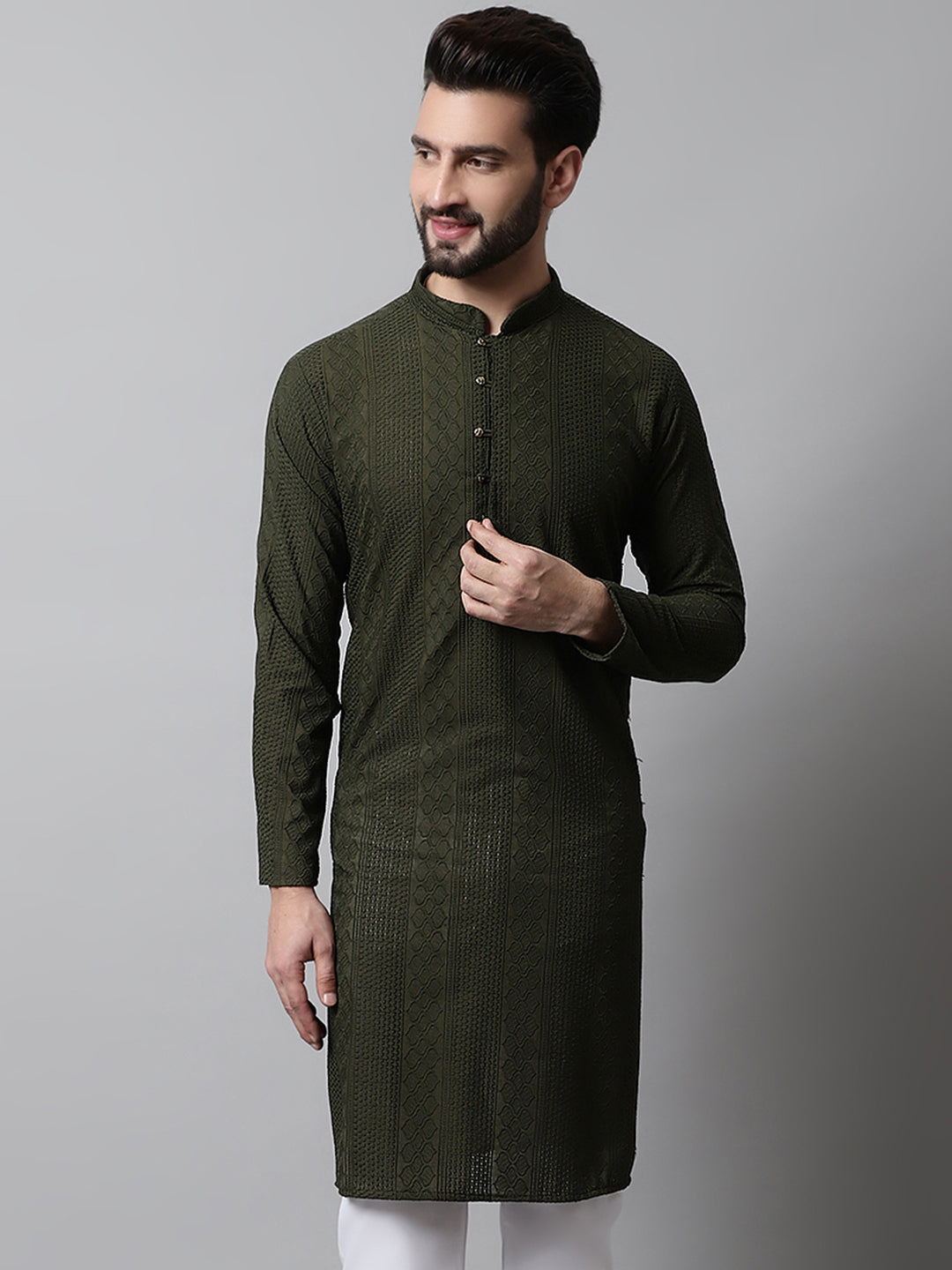 Jompers Men's Embroiderd Kurta - Olive | Grocsy