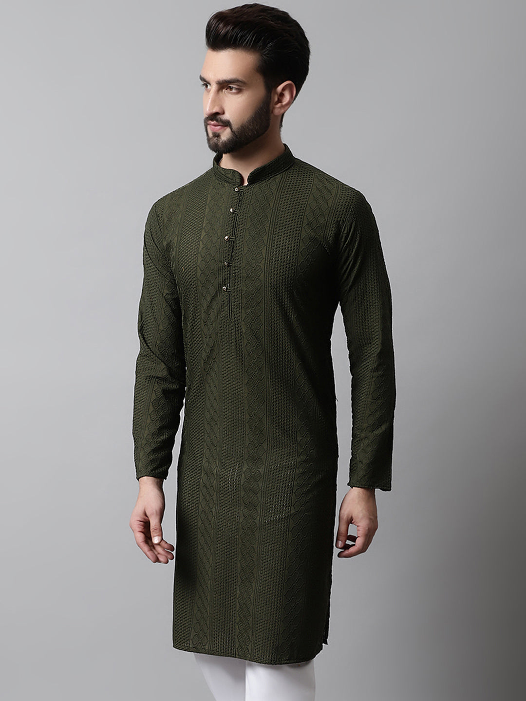 Jompers Men's Embroiderd Kurta - Olive | Grocsy