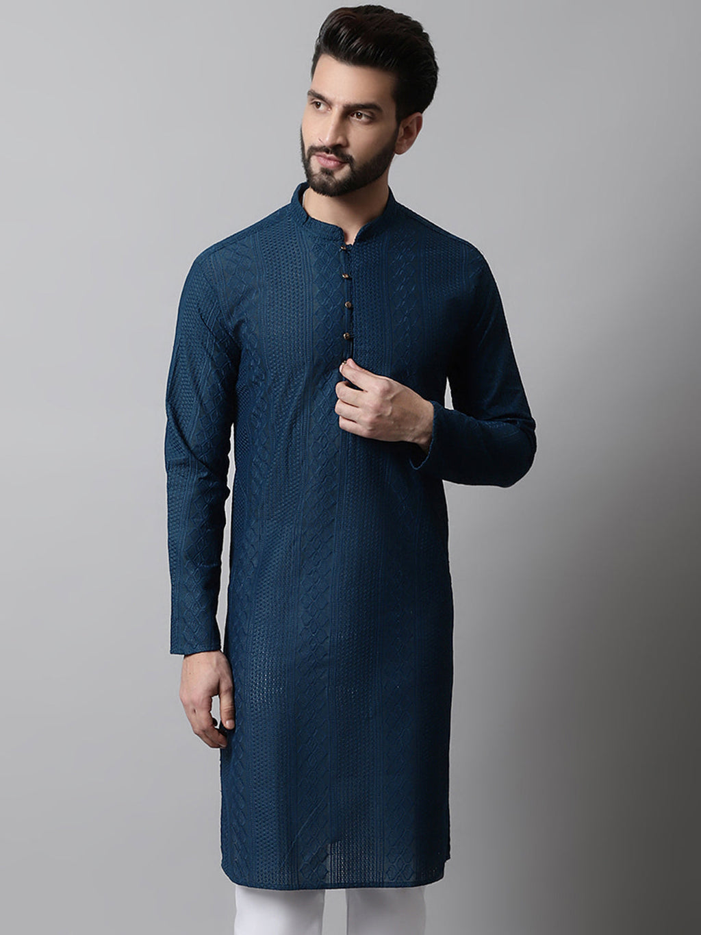 Jompers Men's Embroiderd Kurta - Teal | Grocsy