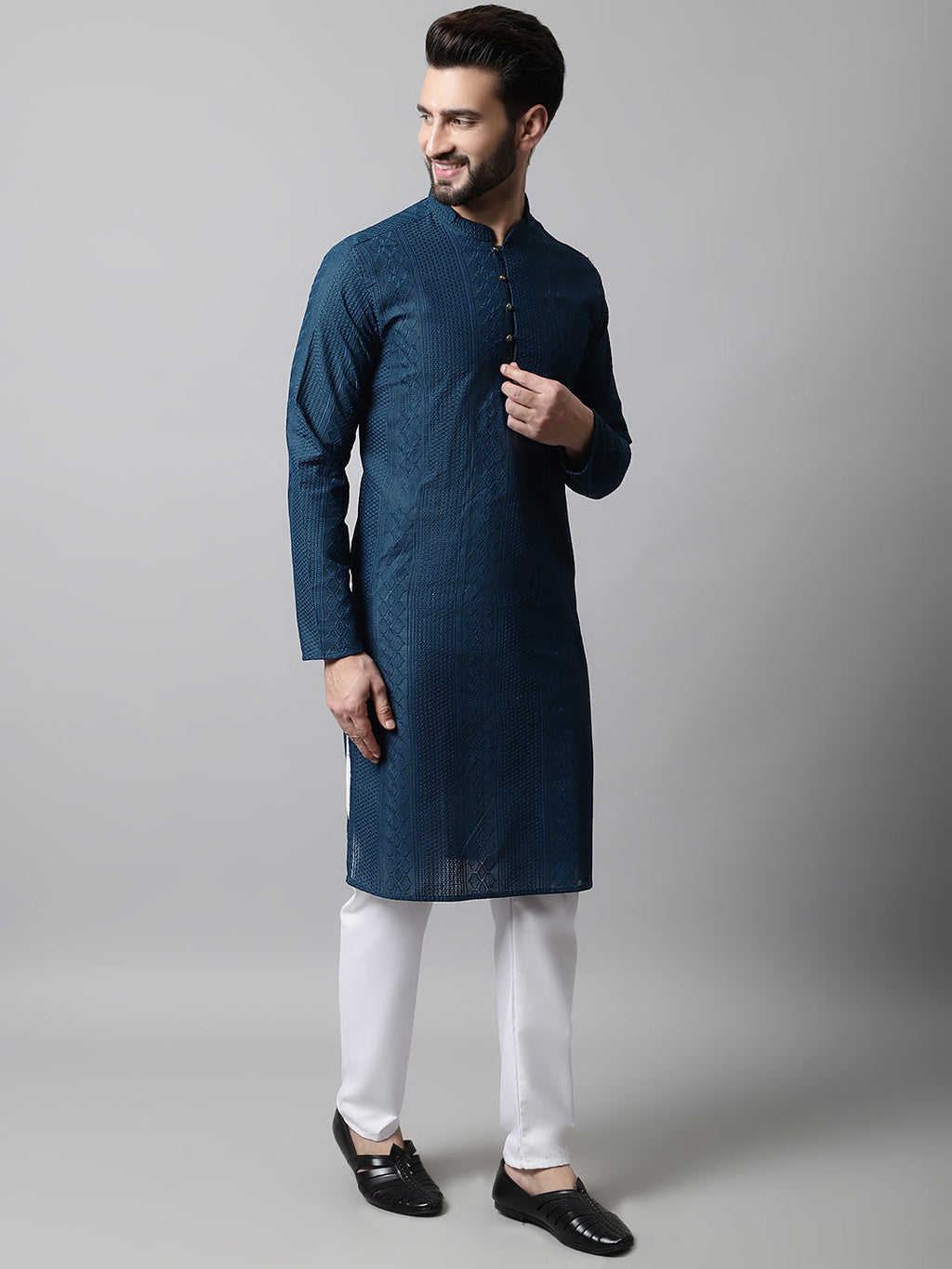 Jompers Men's Embroiderd Kurta - Teal | Grocsy