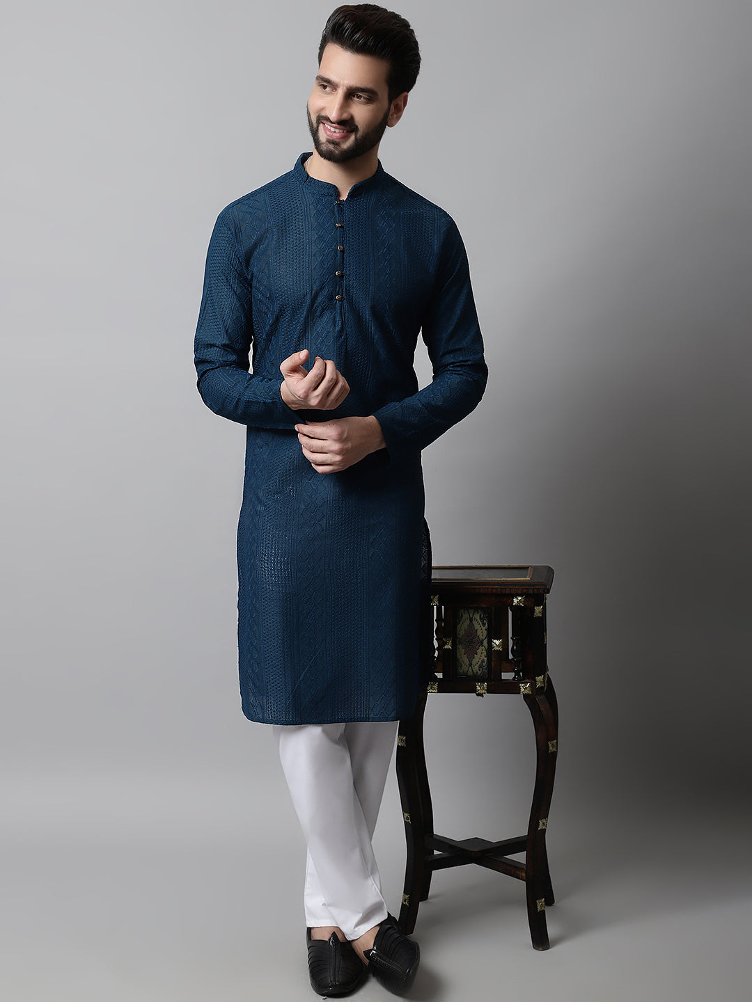 Jompers Men's Embroiderd Kurta - Teal | Grocsy