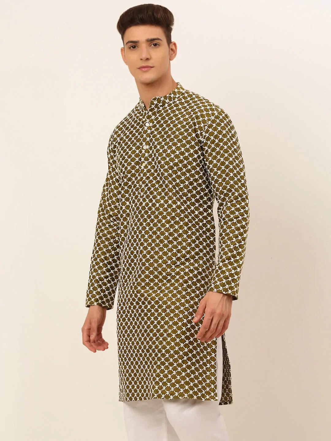 Jompers Men's Olive Green Chikankari Kurta Only | Grocsy