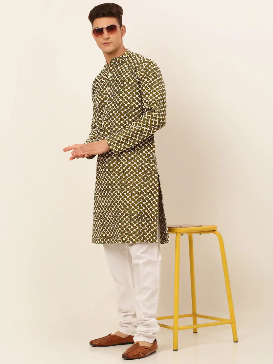 Jompers Men's Olive Green Chikankari Kurta Only | Grocsy