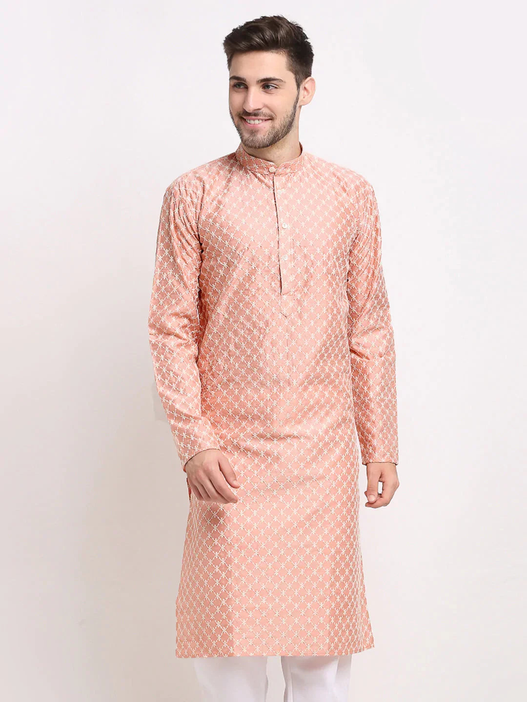 Jompers Men's Peach Chikankari Kurta Only | Grocsy