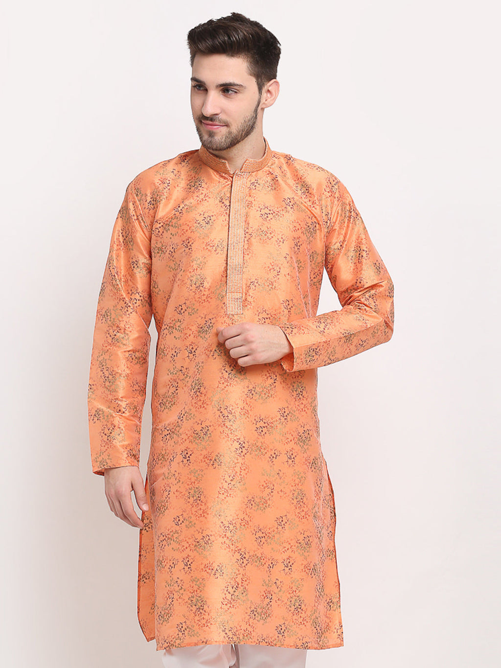 Jompers Men's Orange Dupion Printed Kurta Only | Grocsy