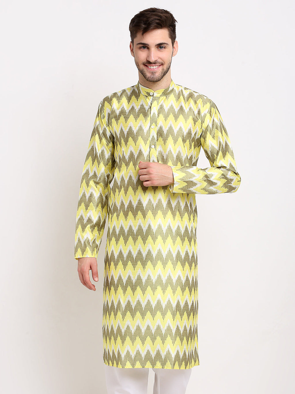 Jompers Men's Multi-Olive Dupion Ikkat Kurta Only | Grocsy