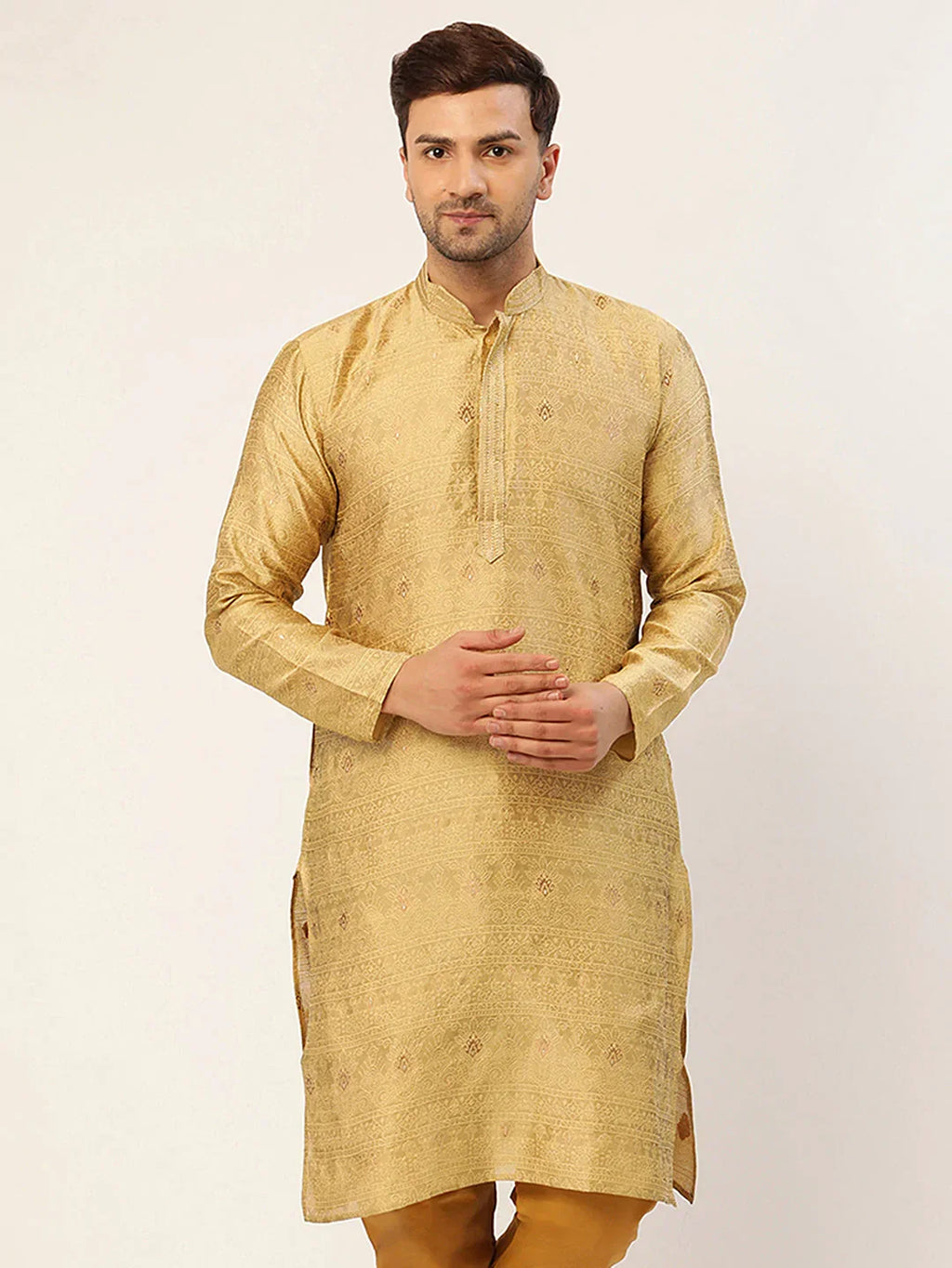 Jompers Men's Beige Coller Embroidered Woven Design Kurta Only | Grocsy