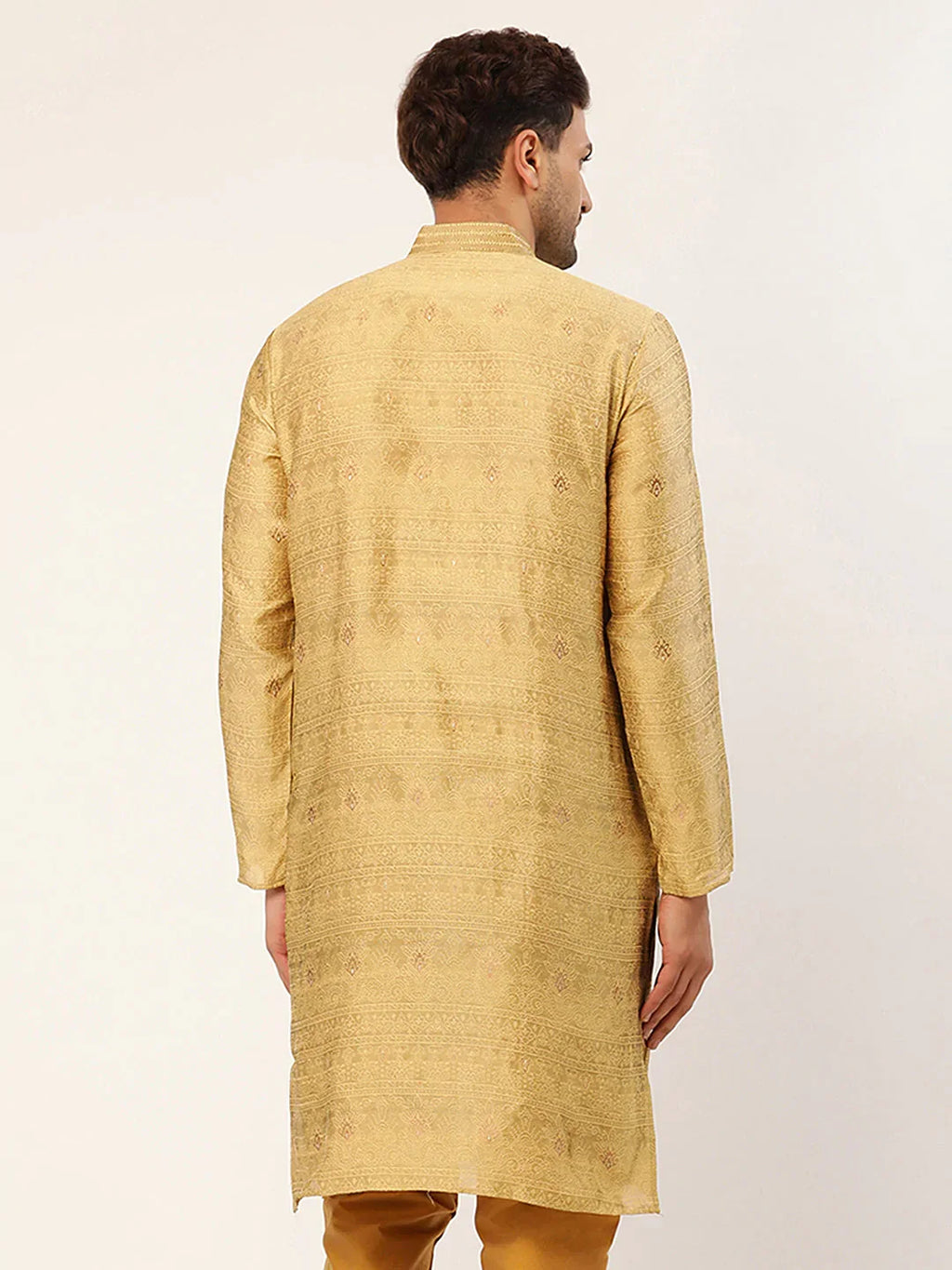 Jompers Men's Beige Coller Embroidered Woven Design Kurta Only | Grocsy