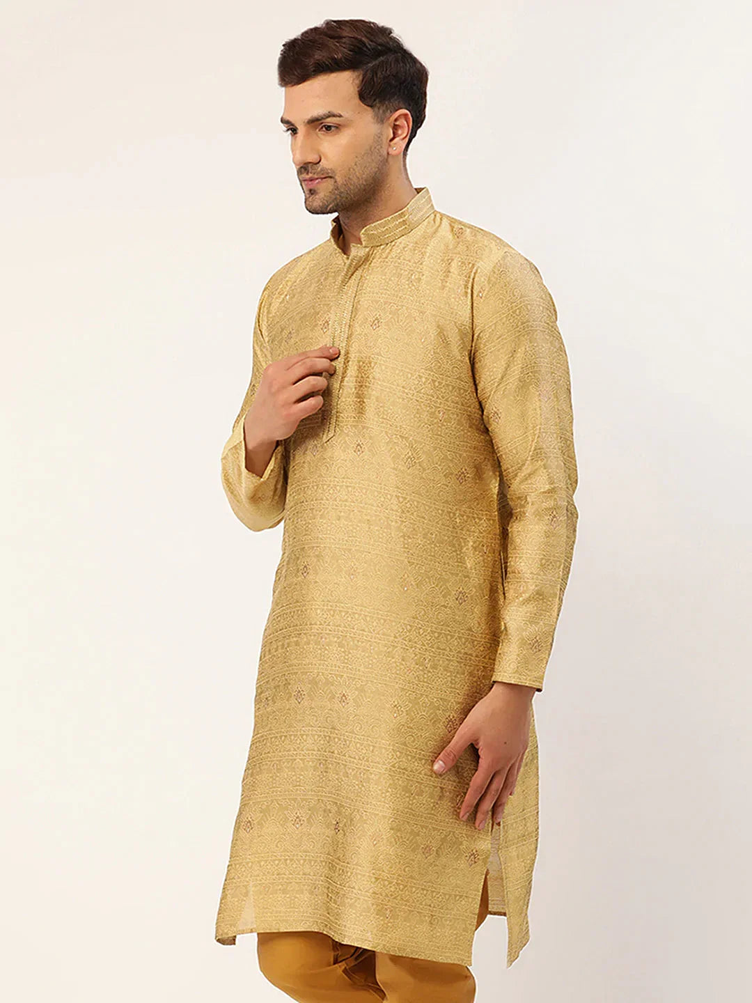 Jompers Men's Beige Coller Embroidered Woven Design Kurta Only | Grocsy