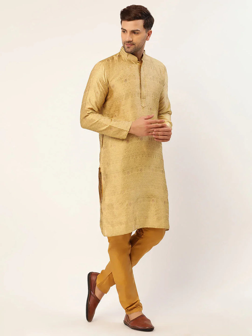 Jompers Men's Beige Coller Embroidered Woven Design Kurta Only | Grocsy