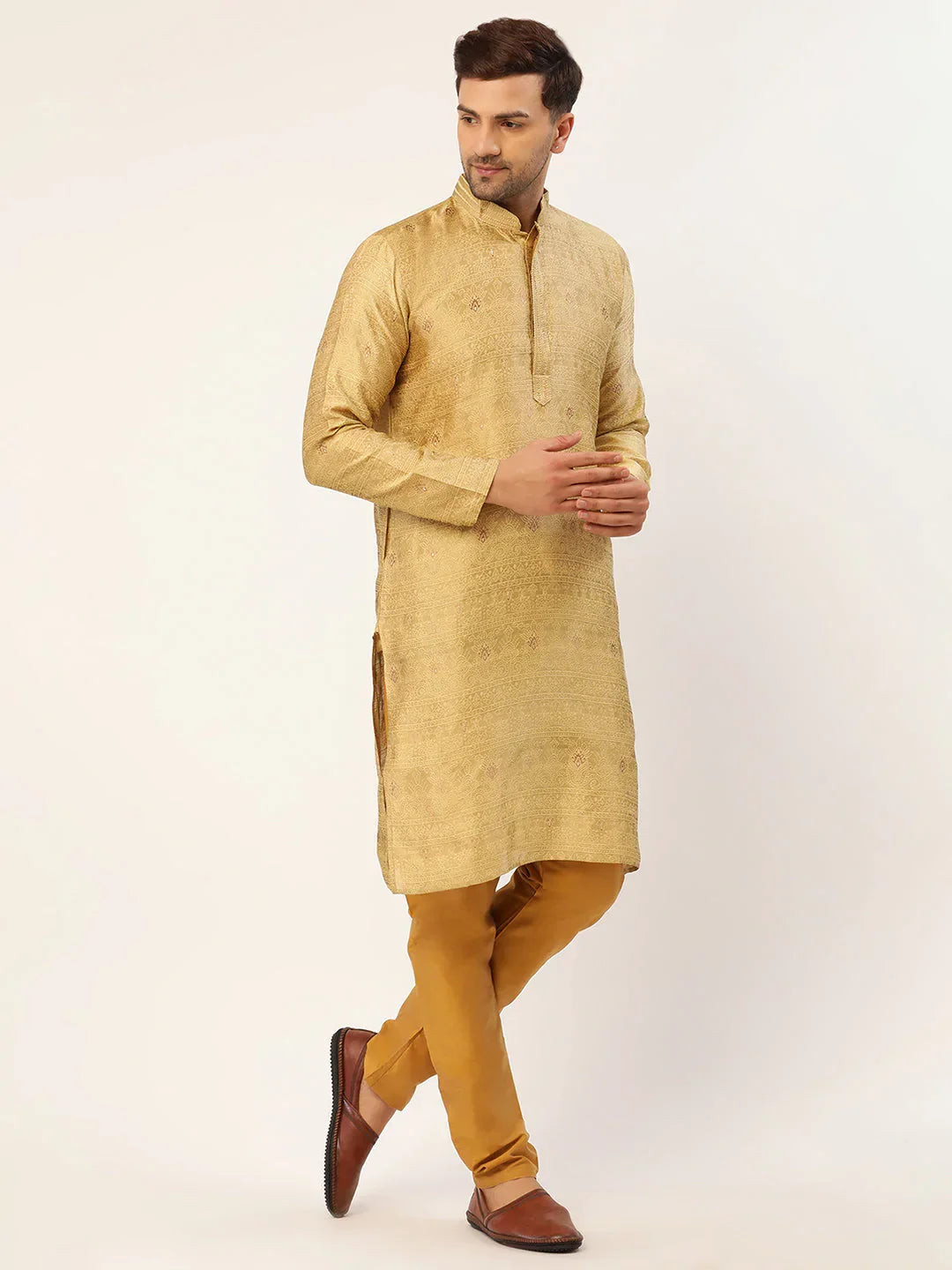 Jompers Men's Beige Coller Embroidered Woven Design Kurta Only | Grocsy
