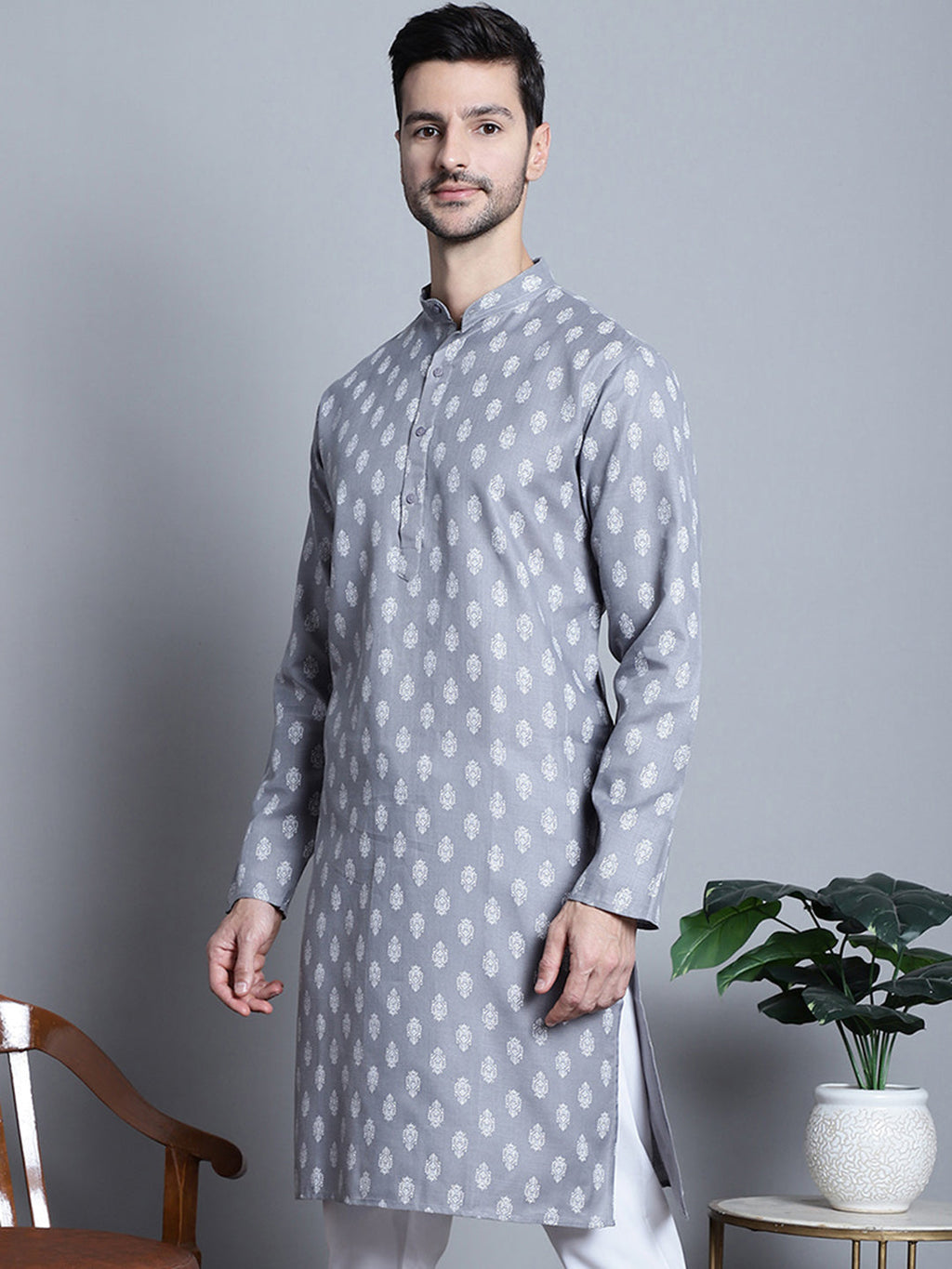 Jompers Men's Cotton Floral printed Kurta Only - Dark-Grey | Grocsy