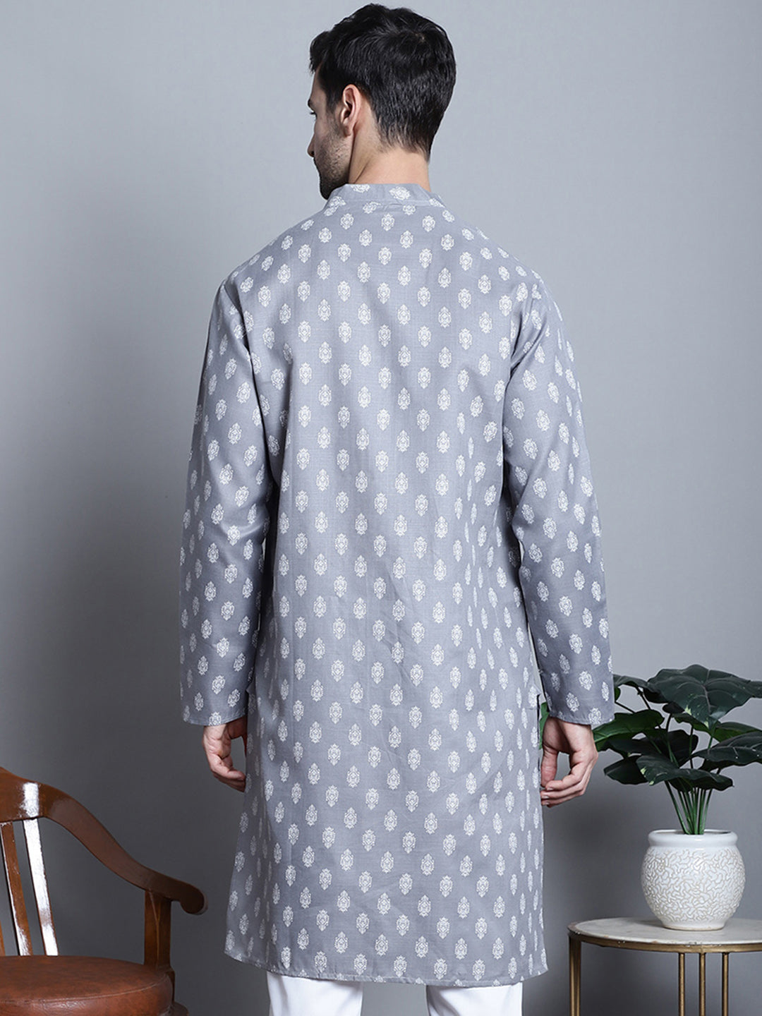 Jompers Men's Cotton Floral printed Kurta Only - Dark-Grey | Grocsy