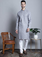 Jompers Men's Cotton Floral printed Kurta Only - Dark-Grey | Grocsy