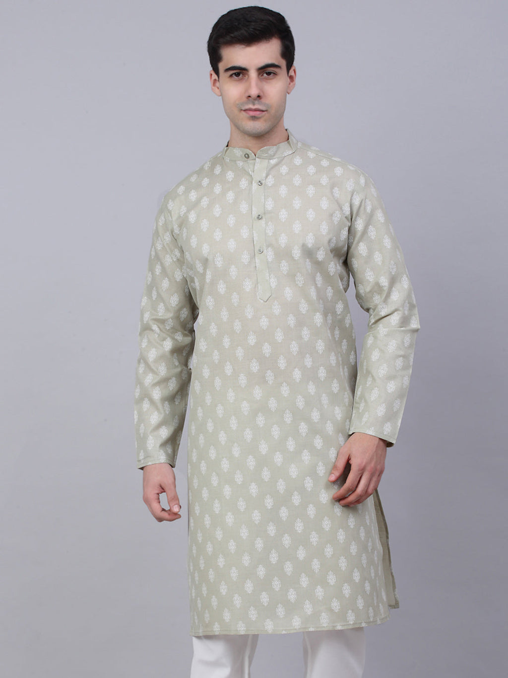 Jompers Men's Cotton Floral printed Kurta - Grey | Grocsy