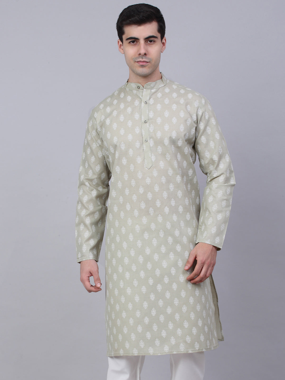 Jompers Men's Cotton Floral printed Kurta - Grey | Grocsy