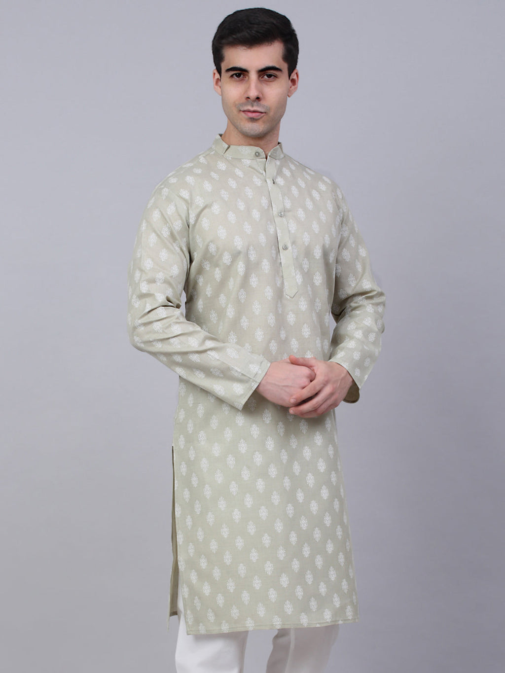 Jompers Men's Cotton Floral printed Kurta - Grey | Grocsy
