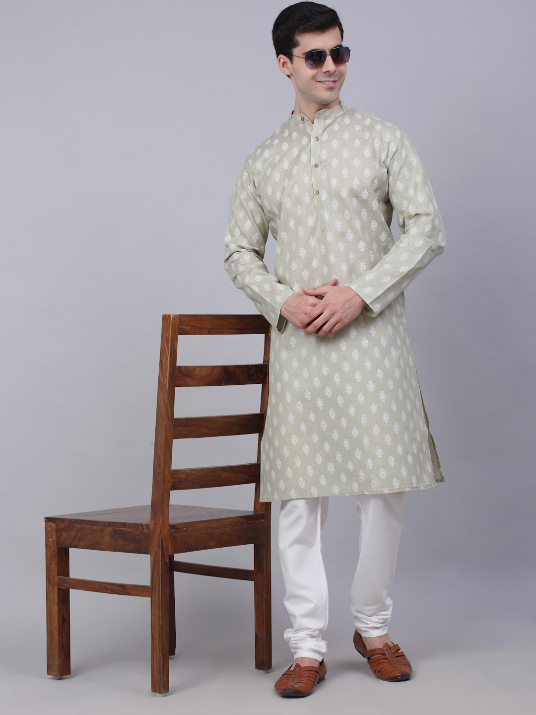 Jompers Men's Cotton Floral printed Kurta - Grey | Grocsy