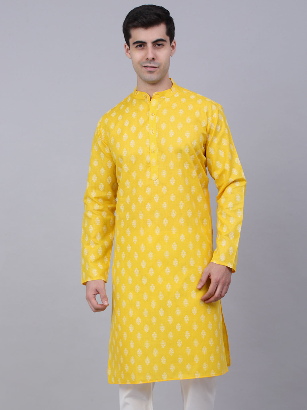 Jompers Men's Cotton Floral printed Kurta - Lemon | Grocsy