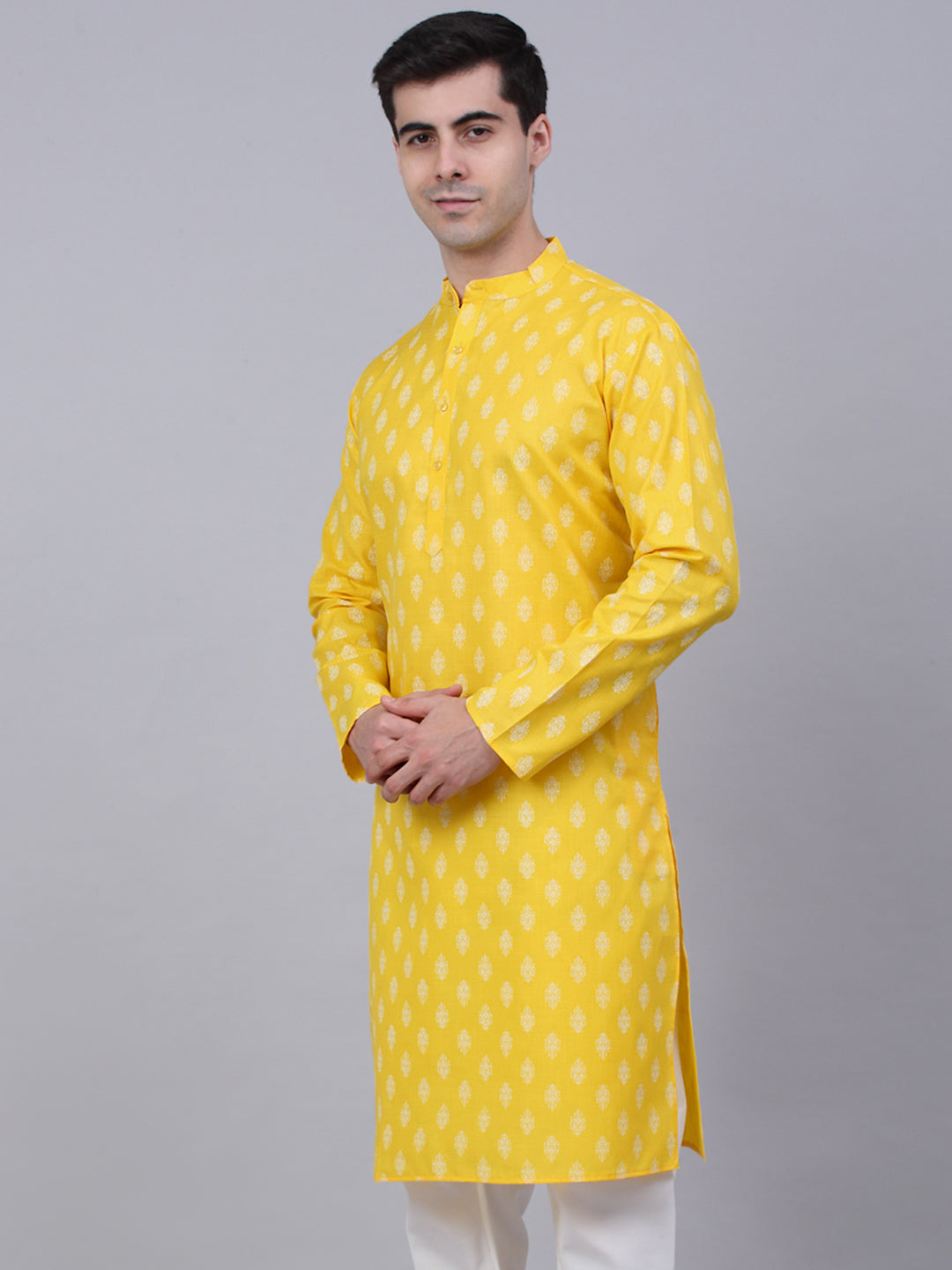 Jompers Men's Cotton Floral printed Kurta - Lemon | Grocsy