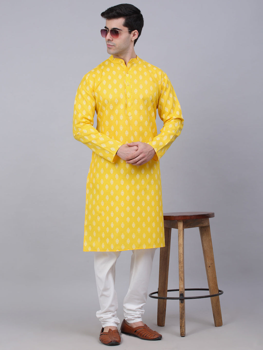 Jompers Men's Cotton Floral printed Kurta - Lemon | Grocsy