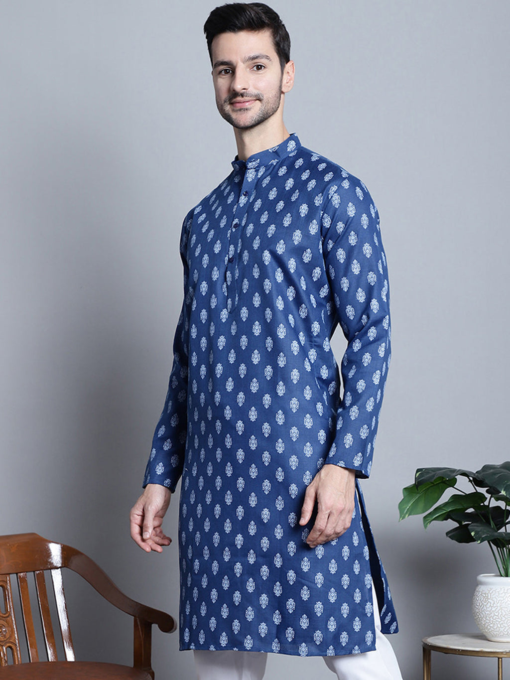 Jompers Men's Cotton Floral printed Kurta Only - Navy Blue | Grocsy