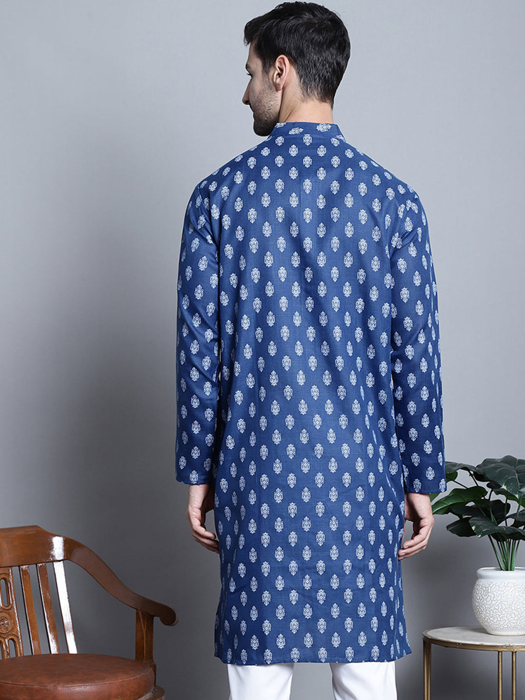 Jompers Men's Cotton Floral printed Kurta Only - Navy Blue | Grocsy