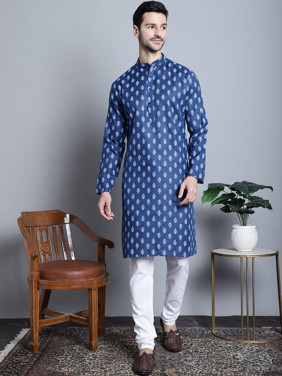 Jompers Men's Cotton Floral printed Kurta Only - Navy Blue | Grocsy