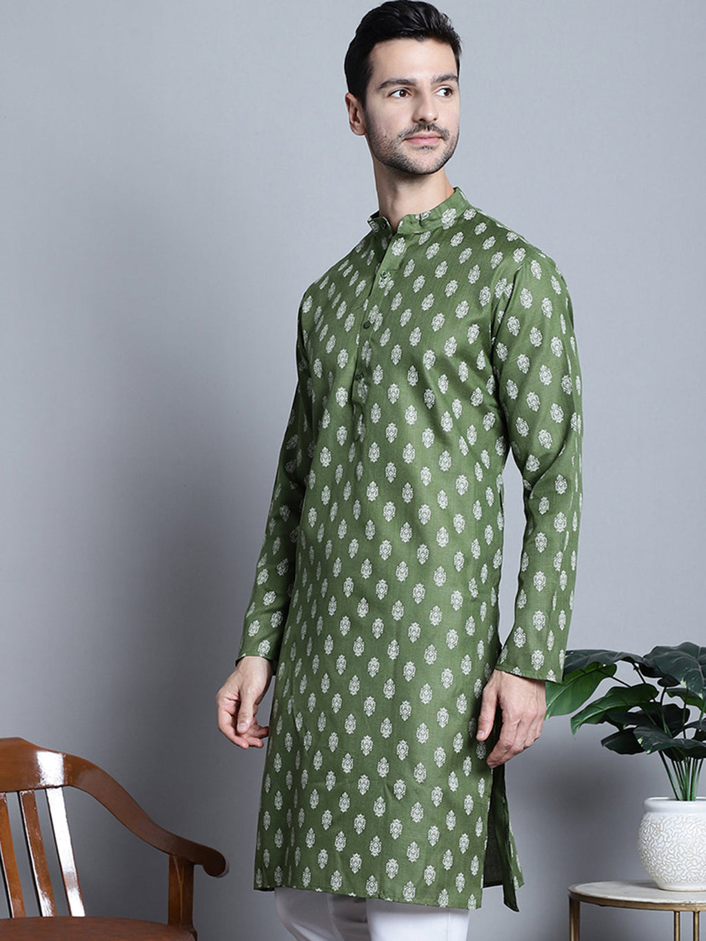 Jompers Men's Cotton Floral printed Kurta Only - Olive | Grocsy