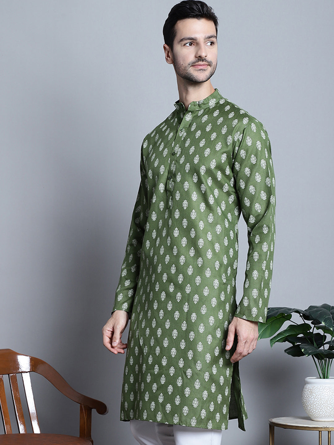 Jompers Men's Cotton Floral printed Kurta Only - Olive | Grocsy