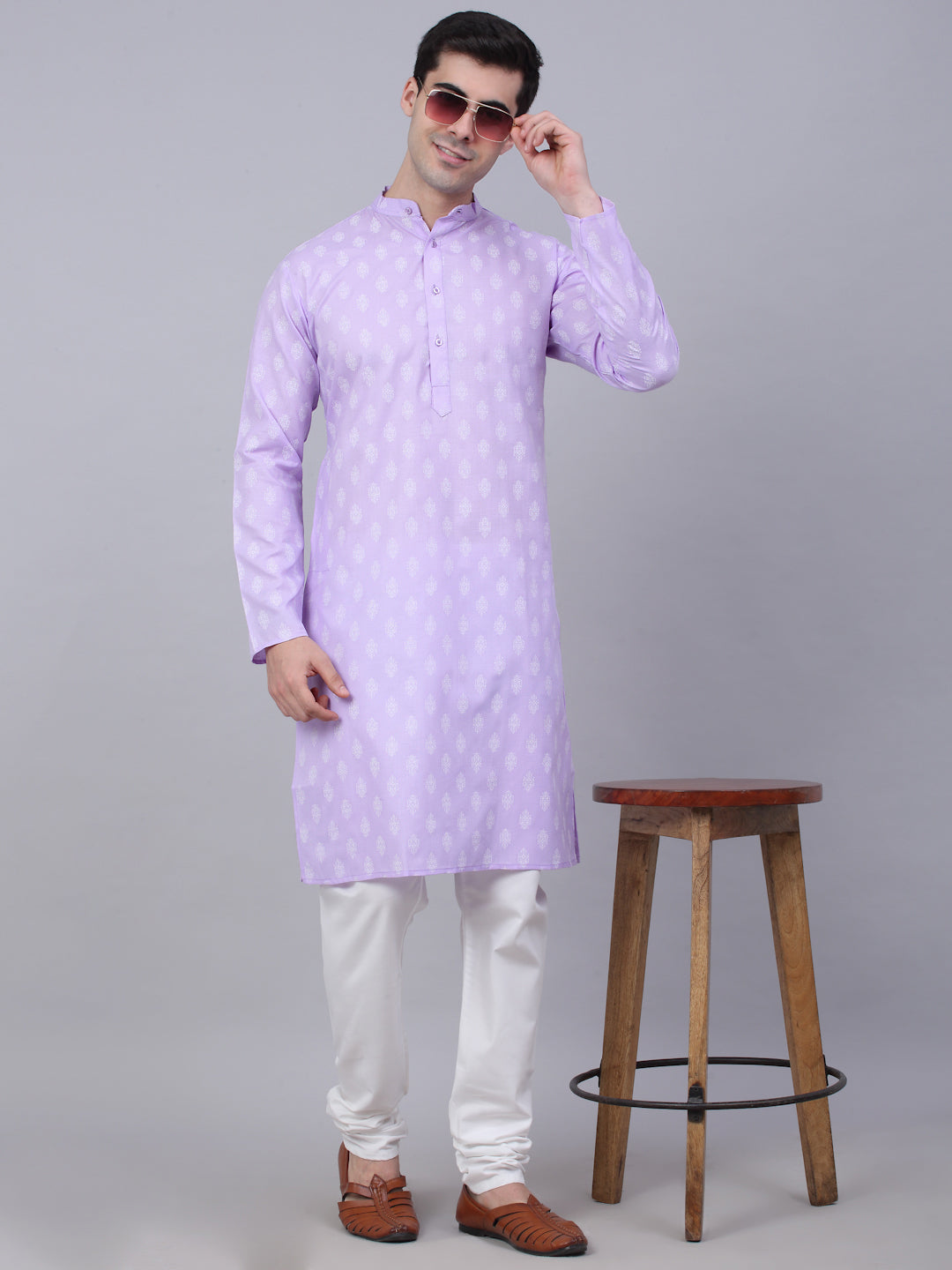 Jompers Men's Cotton Floral printed Kurta - Purple | Grocsy