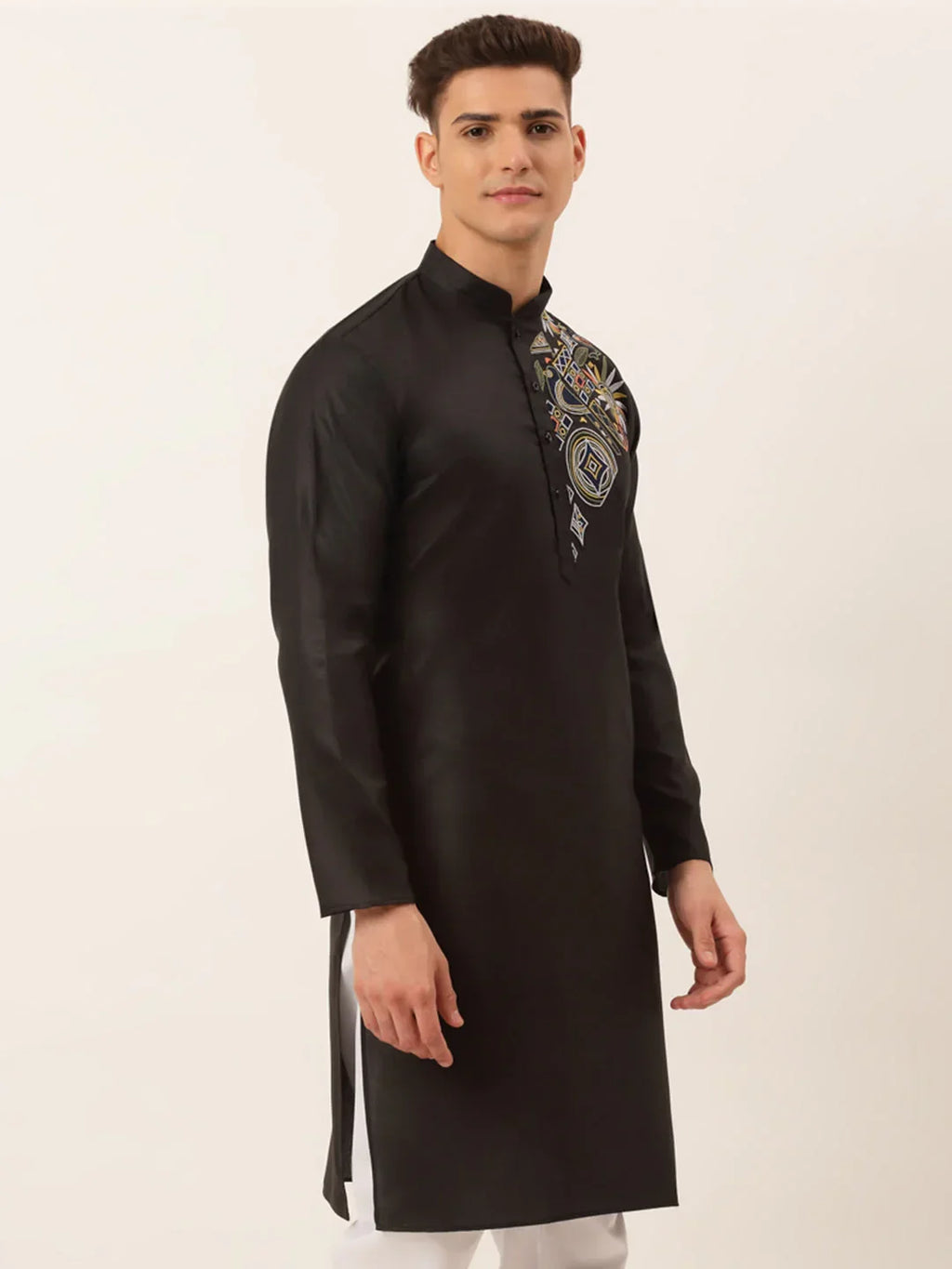 Jompers Men's Cotton Embroidered Kurta - Black | Grocsy