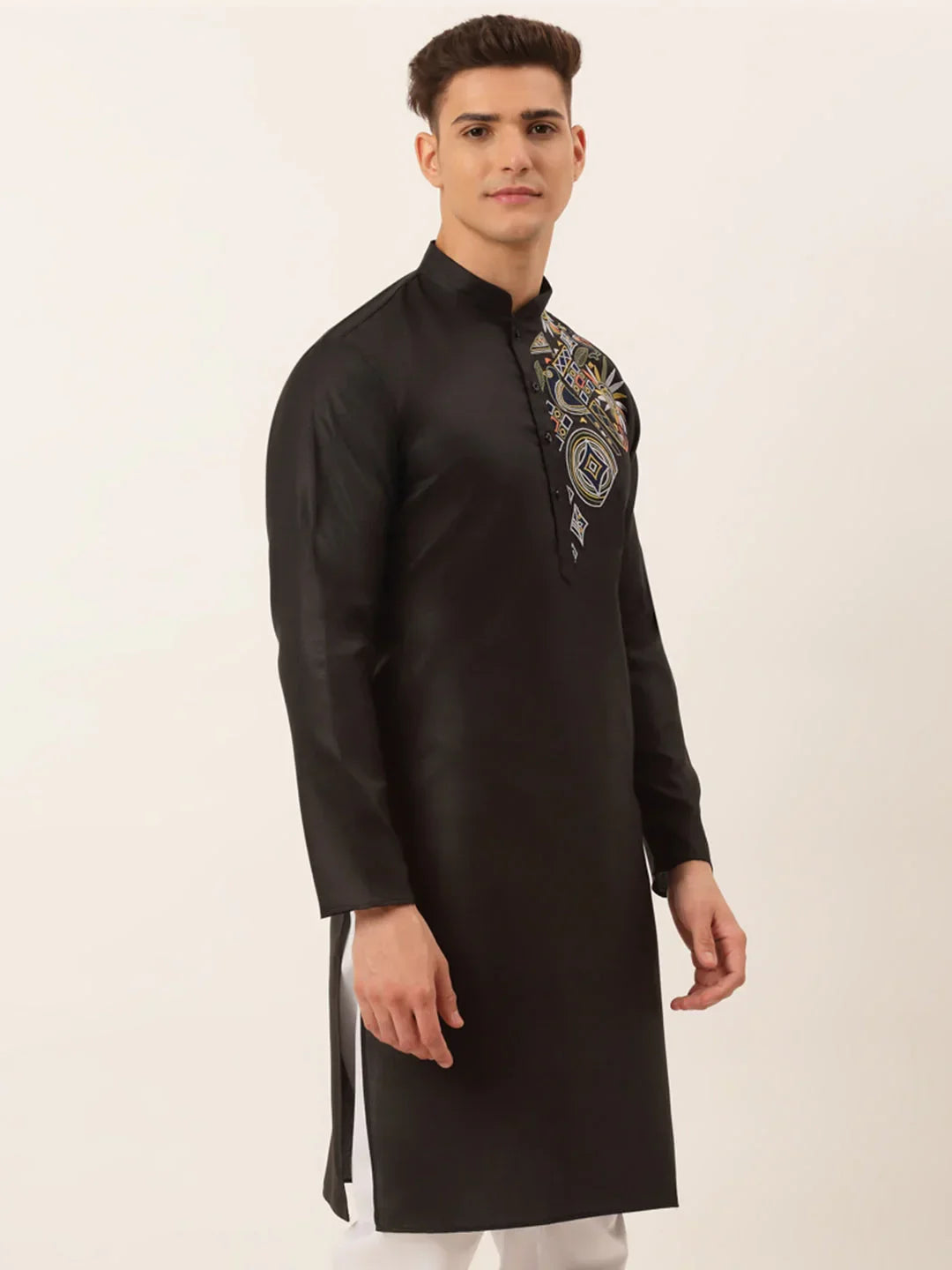 Jompers Men's Cotton Embroidered Kurta - Black | Grocsy