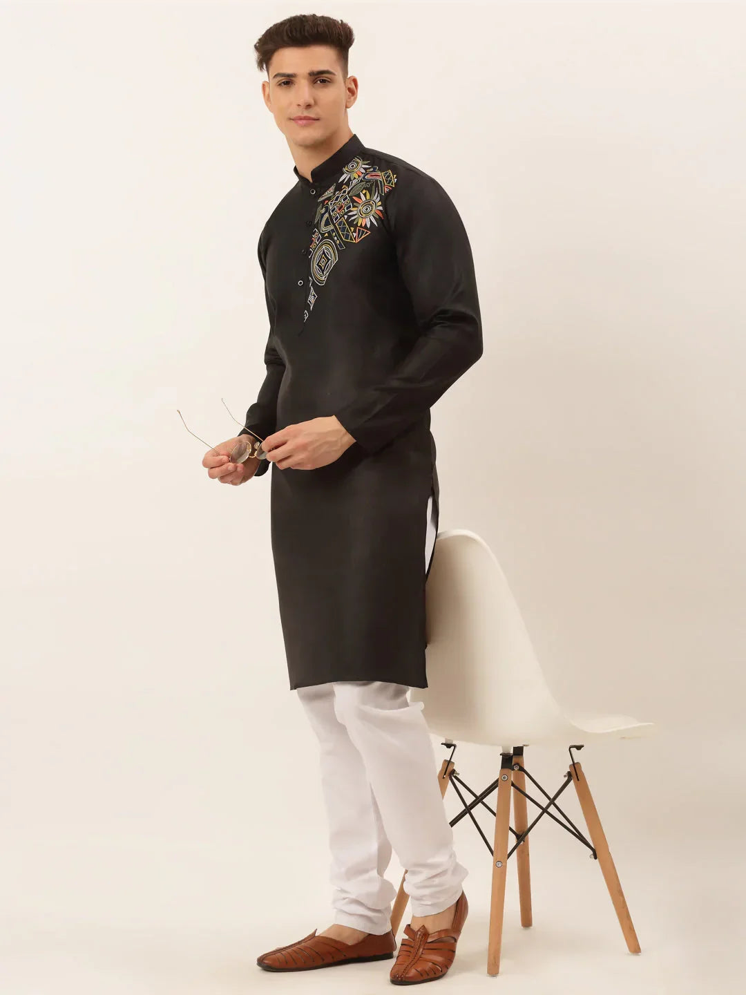 Jompers Men's Cotton Embroidered Kurta - Black | Grocsy