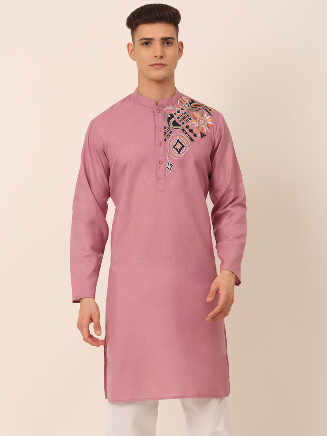 Jompers Men's Cotton Embroidered Kurta - Magenta | Grocsy