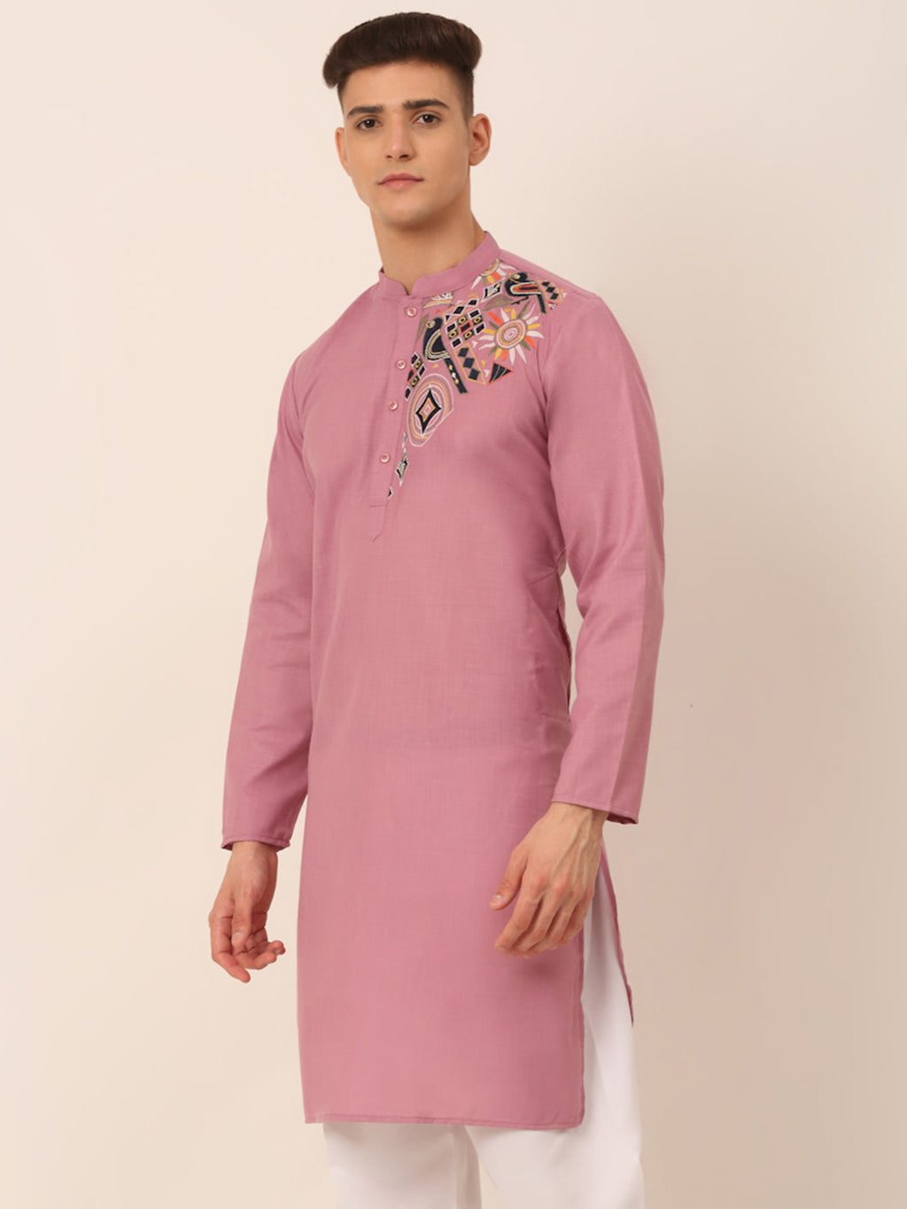 Jompers Men's Cotton Embroidered Kurta - Magenta | Grocsy