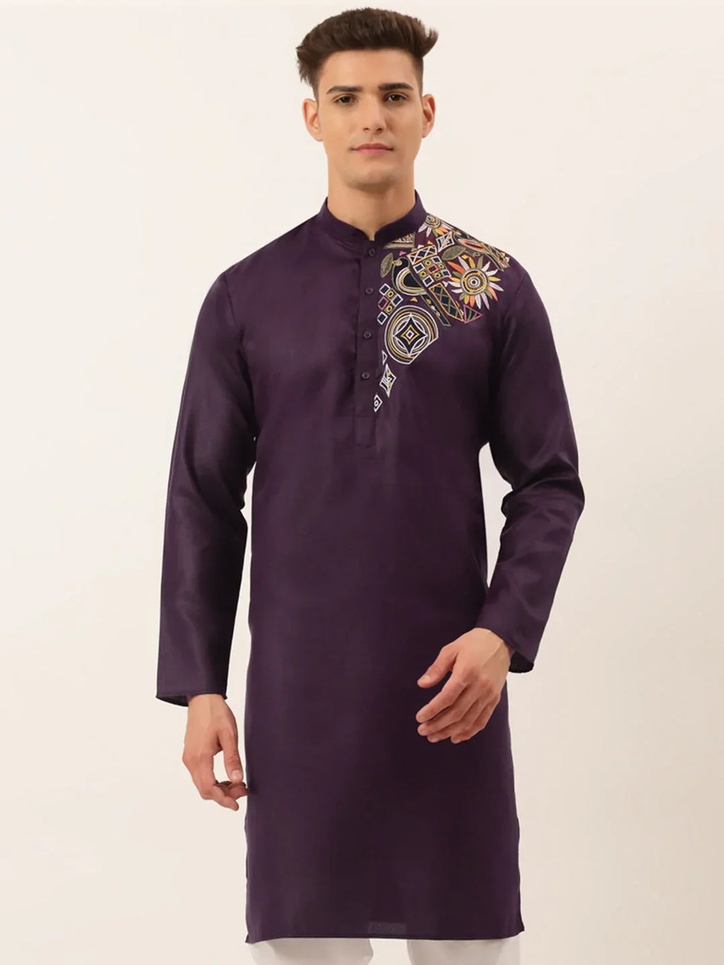 Jompers Men's Cotton Embroidered Kurta - Purple | Grocsy