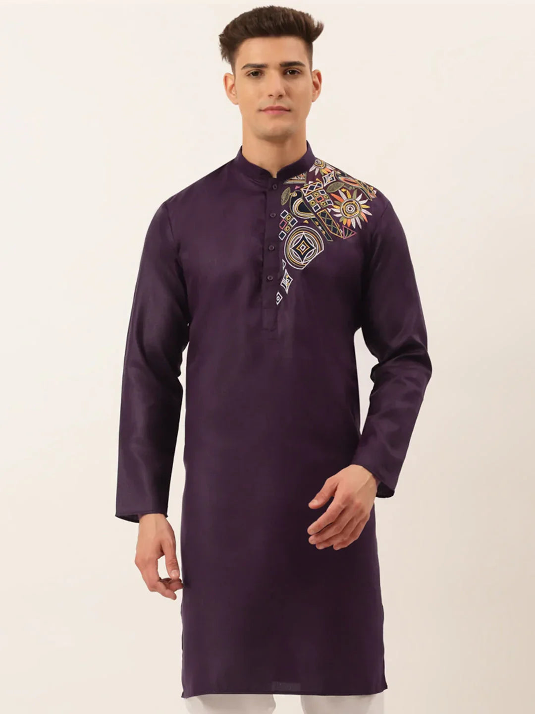 Jompers Men's Cotton Embroidered Kurta - Purple | Grocsy