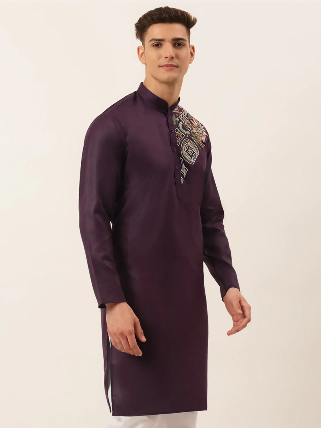 Jompers Men's Cotton Embroidered Kurta - Purple | Grocsy