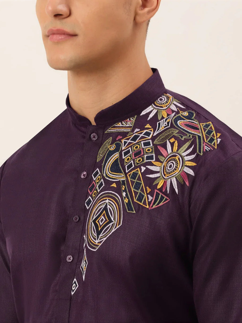 Jompers Men's Cotton Embroidered Kurta - Purple | Grocsy