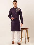Jompers Men's Cotton Embroidered Kurta - Purple | Grocsy