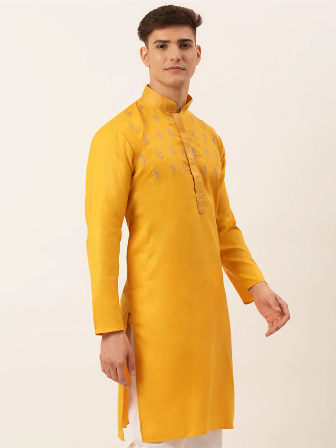 Jompers Men's Cotton Embroidered Kurta - Mustard | Grocsy