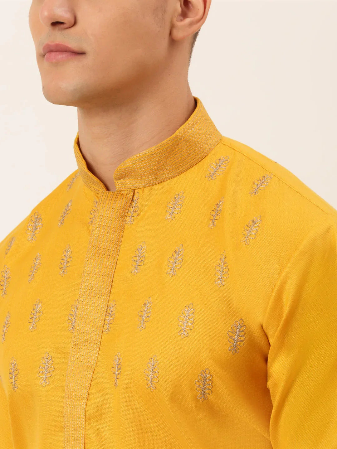 Jompers Men's Cotton Embroidered Kurta - Mustard | Grocsy