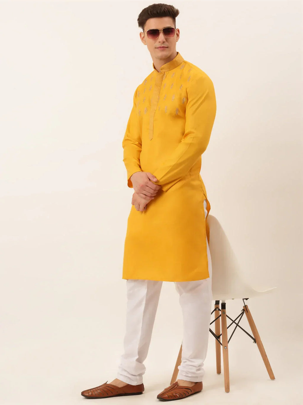 Jompers Men's Cotton Embroidered Kurta - Mustard | Grocsy